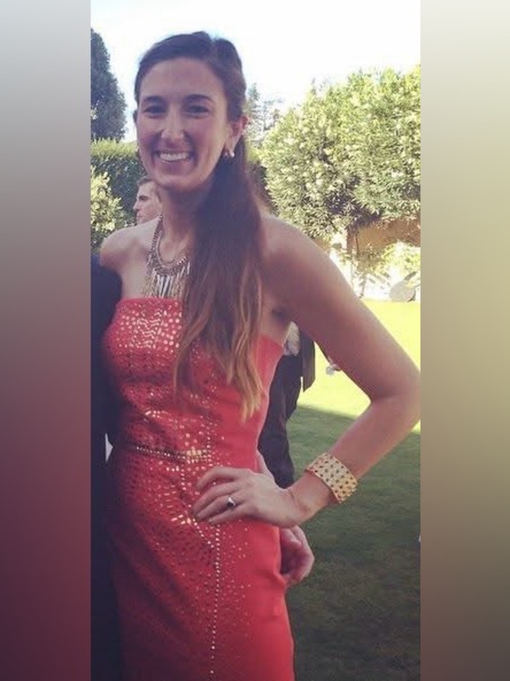 Cache Strapless Red Dress with Gold Stud Accents